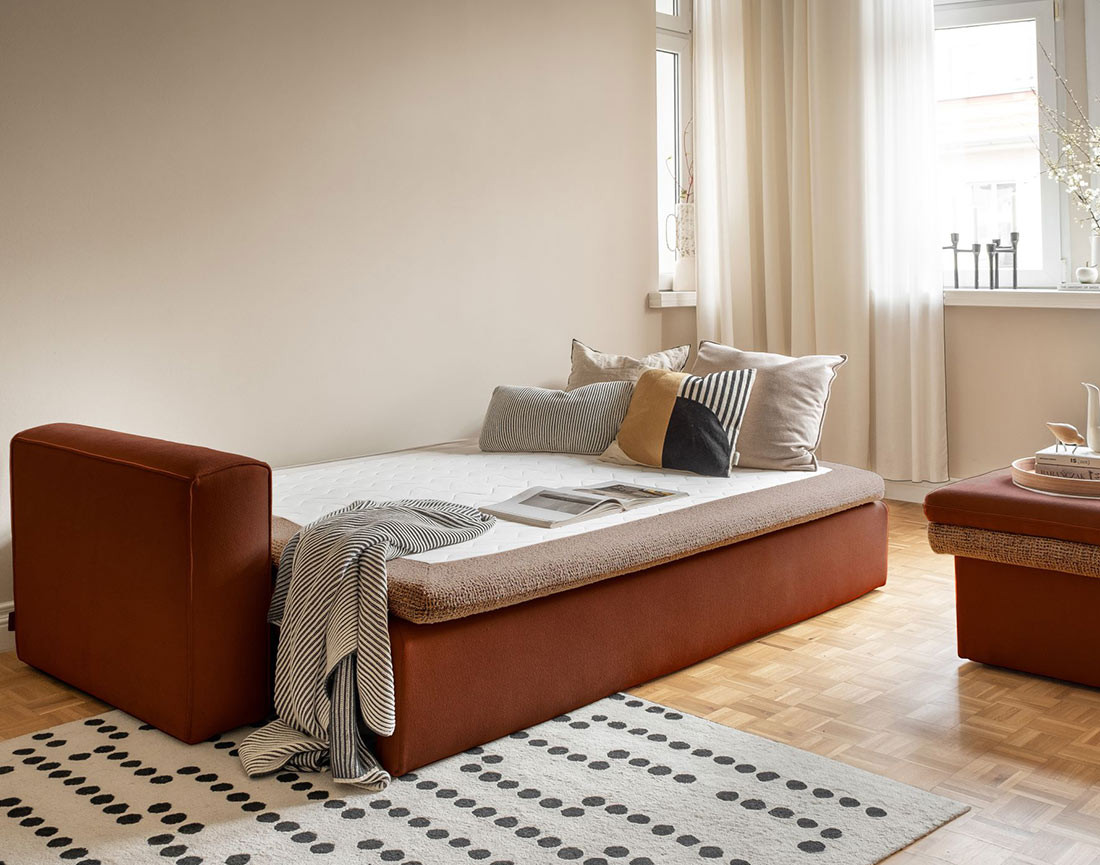 Canapé droit 3 places convertible avec coffre en tissu et tissu texturé Wilson