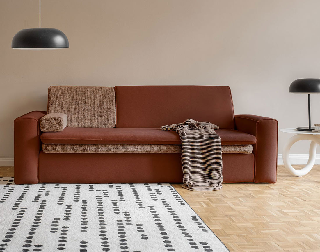 Canapé droit 3 places convertible avec coffre en tissu et tissu texturé Wilson
