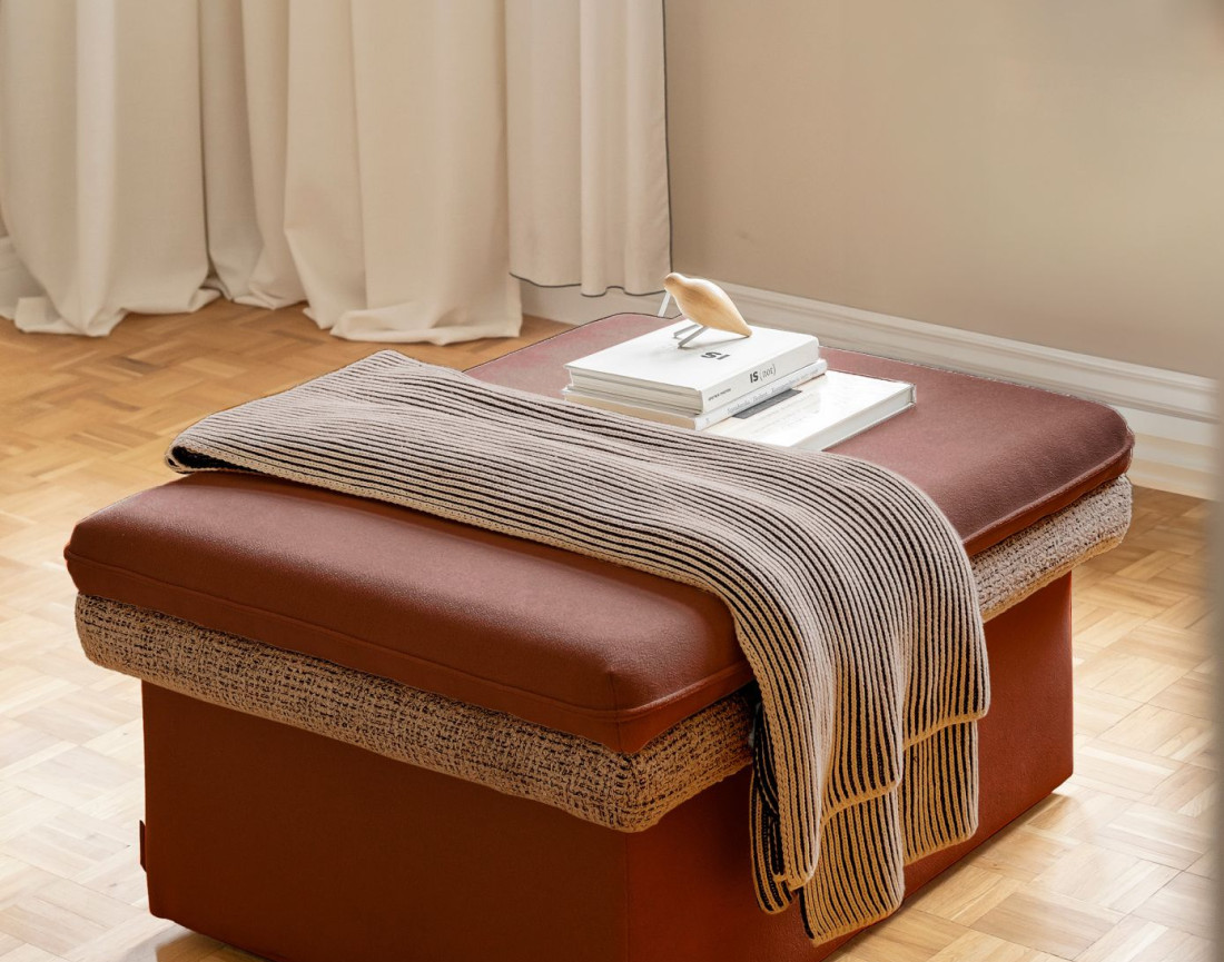 Pouf avec coffre en tissu et tissu texturé Wilson