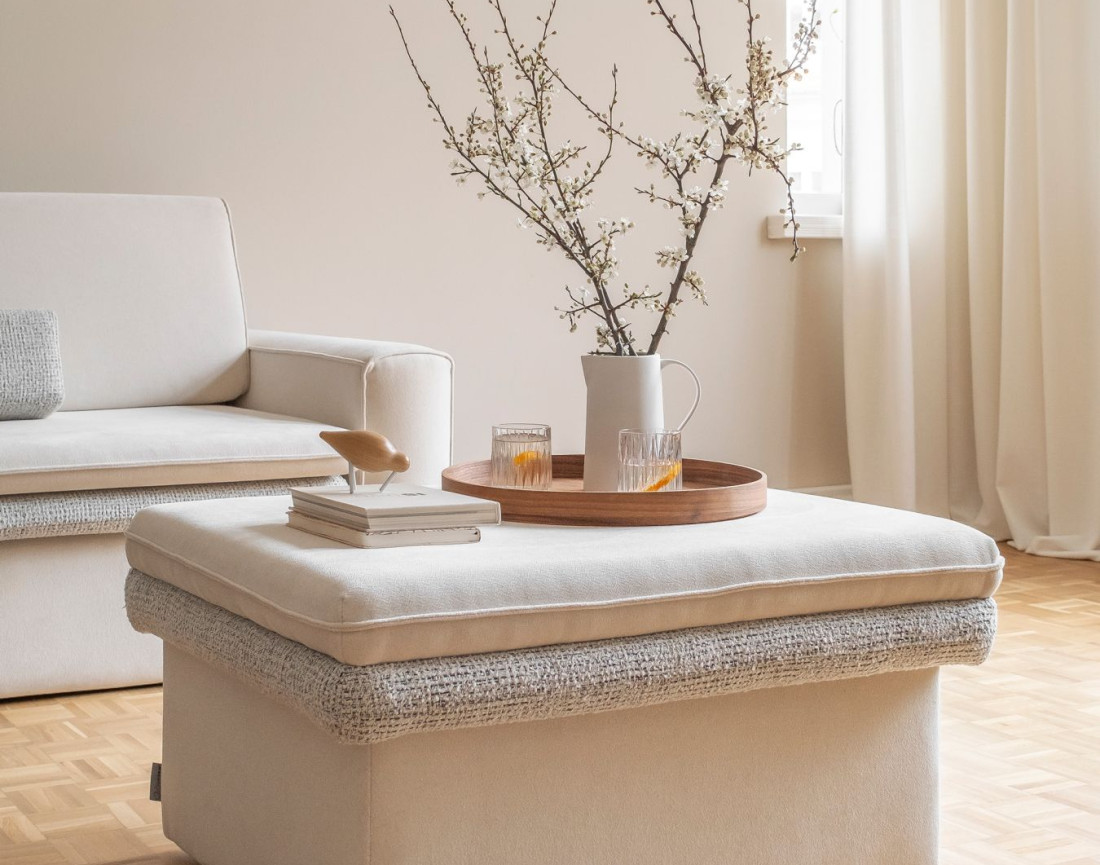 Pouf avec coffre en tissu et tissu texturé Wilson