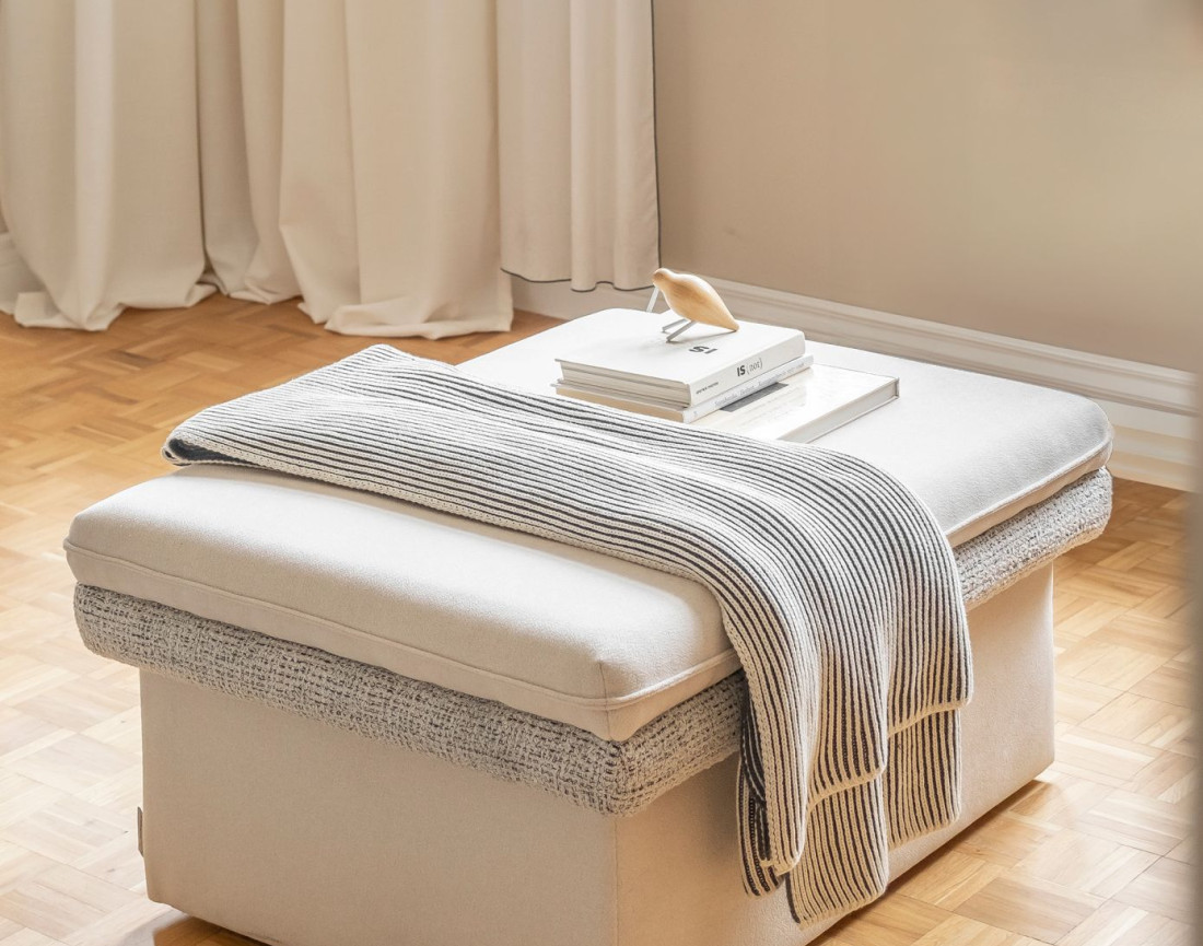 Pouf avec coffre en tissu et tissu texturé Wilson