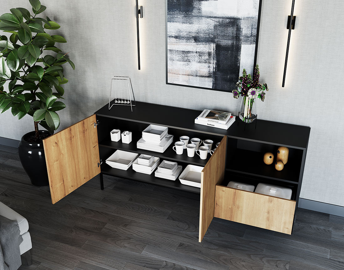 Buffet bas bois et noir 2 portes, 1 tiroir et 1 niche 180 cm Felicia