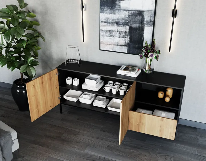 Buffet bas bois et noir 180 cm Felicia