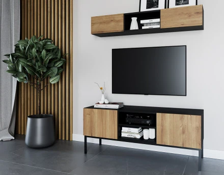 Meuble TV bois et noir 2 portes et 2 niches 120 cm Felicia