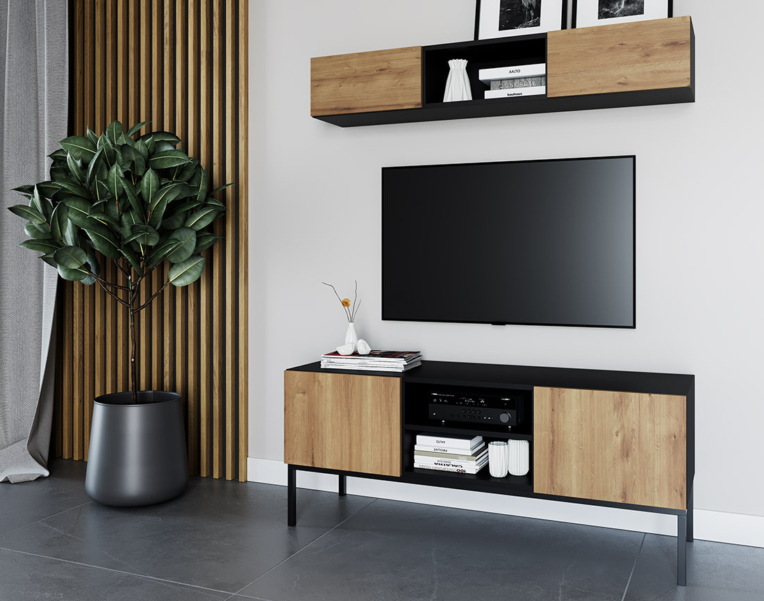 Meuble TV bois et noir 2 portes et 2 niches 120 cm Felicia