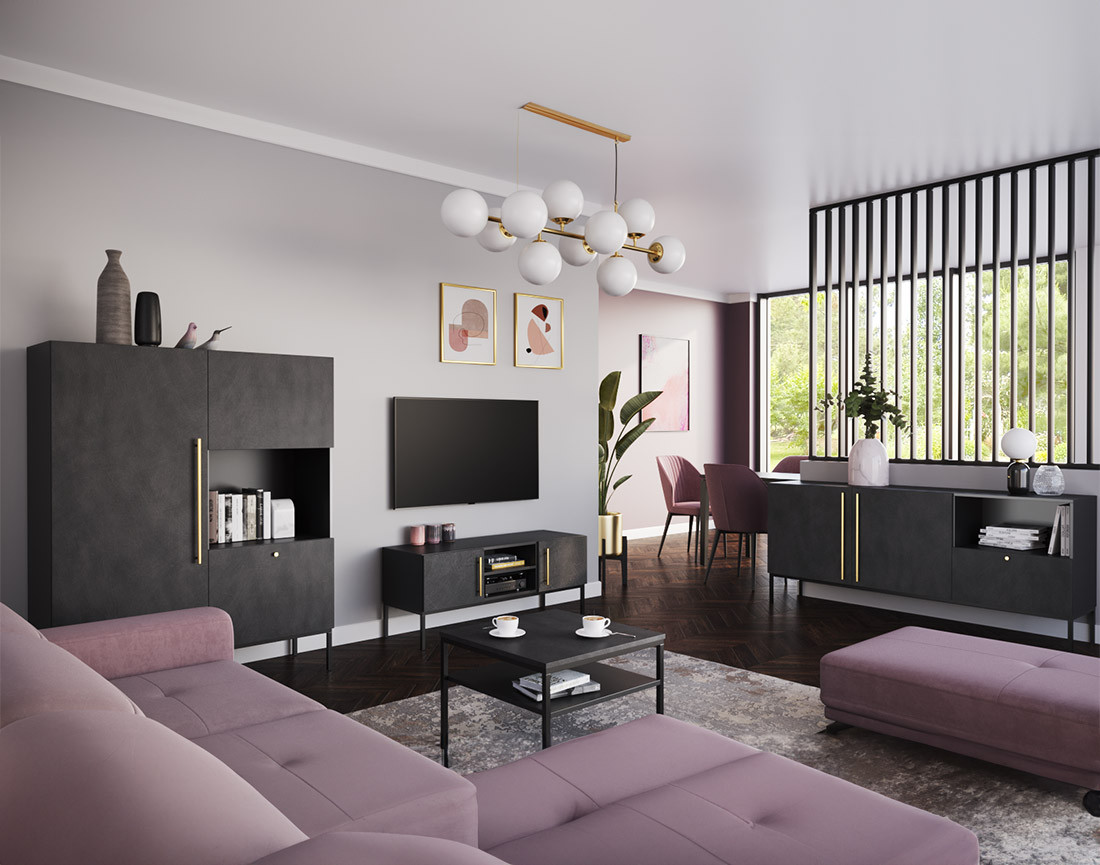 Meuble TV noir 2 portes et 2 niches 120 cm Felicia