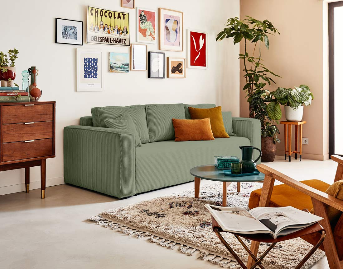 Canapé 3 places convertible avec coffre en velours côtelé Topaze