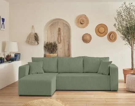 Canapé d'angle réversible 4 places convertible avec coffre en velours côtelé Topaze