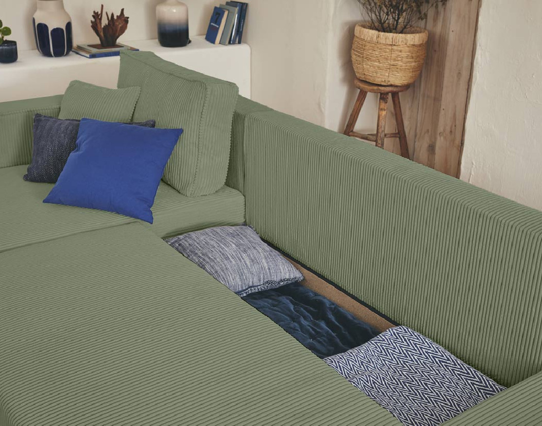 Canapé panoramique en U 7 places convertible avec coffre en velours côtelé Topaze