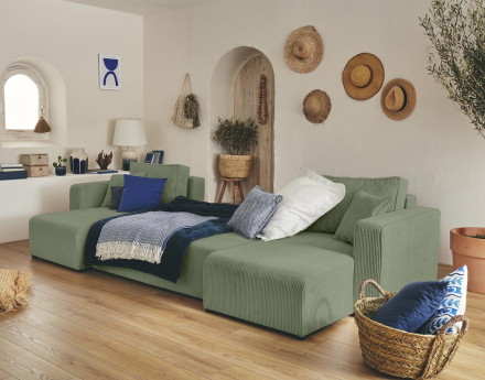 Canapé panoramique en U 7 places convertible avec coffre en velours côtelé Topaze