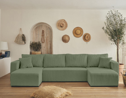 Canapé panoramique en U 7 places convertible avec coffre en velours côtelé Topaze