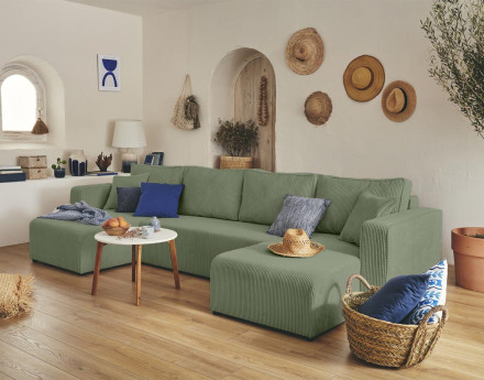 Canapé panoramique en U 7 places convertible avec coffre en velours côtelé Topaze