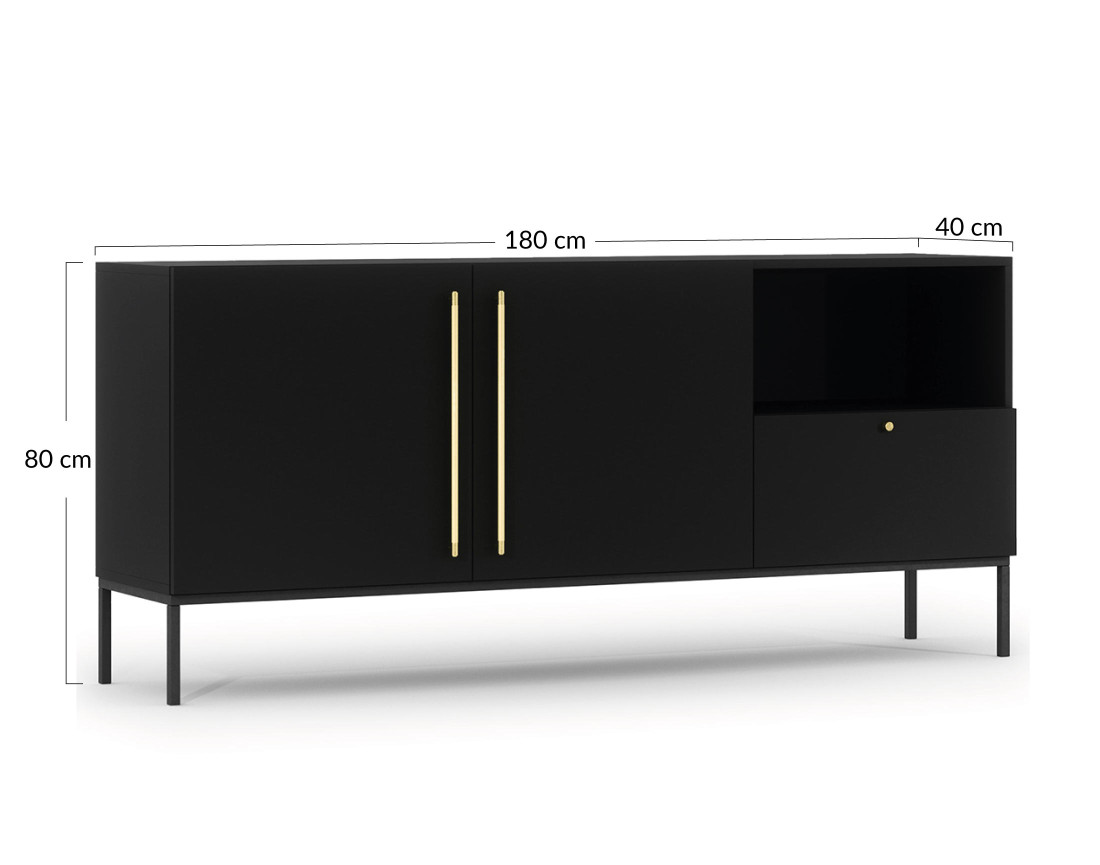 Buffet bas noir 2 portes, 1 tiroir et 1 niche 180 cm Felicia
