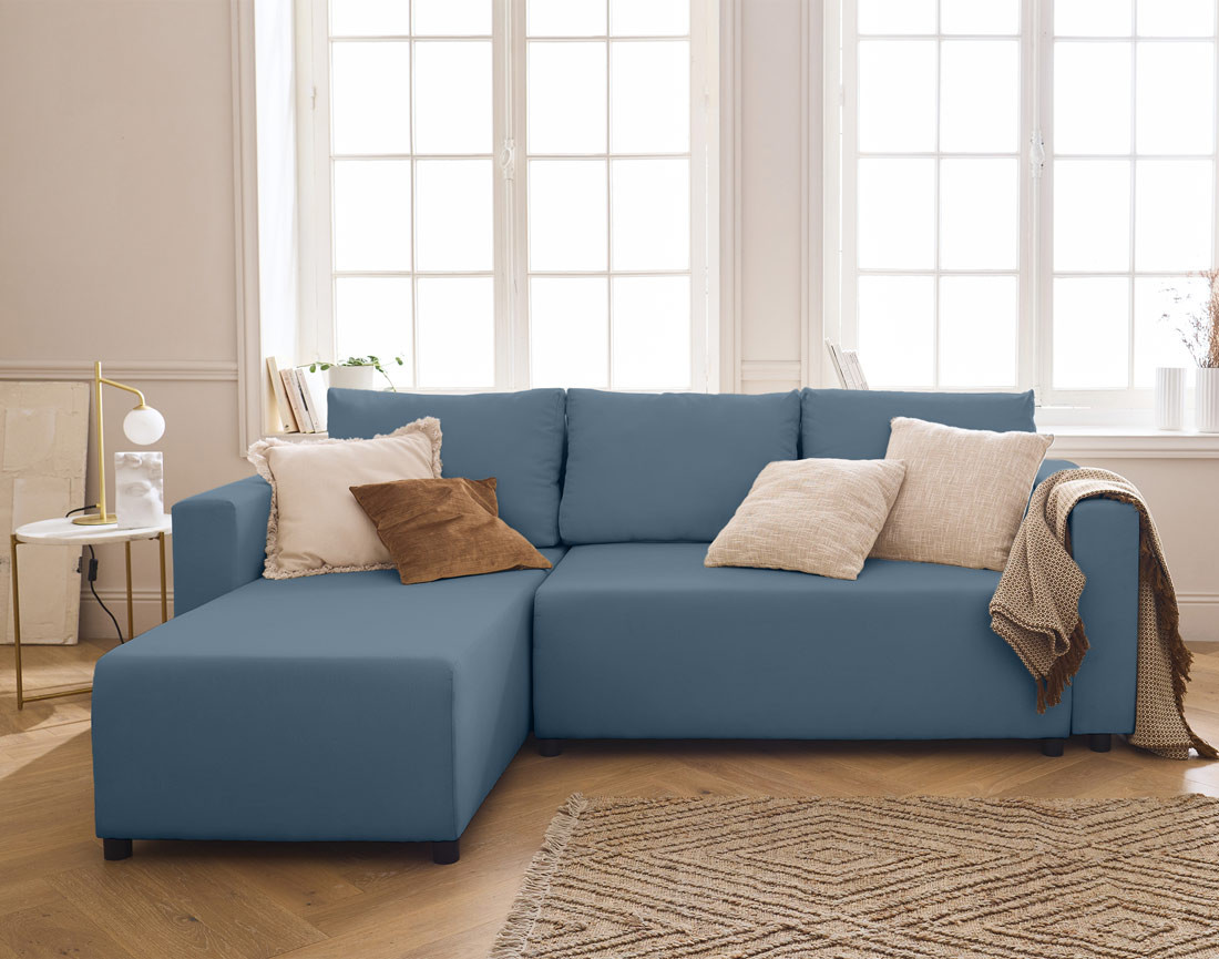 Canapé d'angle réversible 4 places convertible avec coffre en tissu Regala
