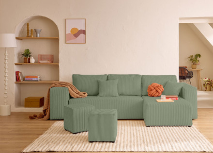 Canapé d'angle convertible en velours côtelé avec poufs Topaze