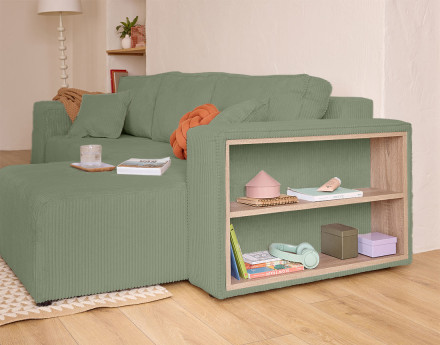 Canapé d'angle convertible en velours côtelé avec poufs Topaze