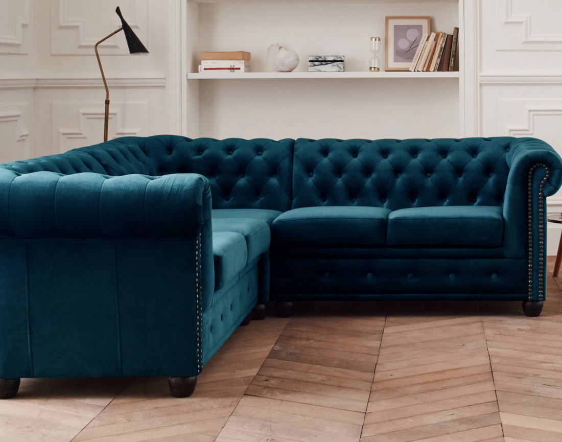 Canapé Chesterfield d'angle réversible 5 places en velours William