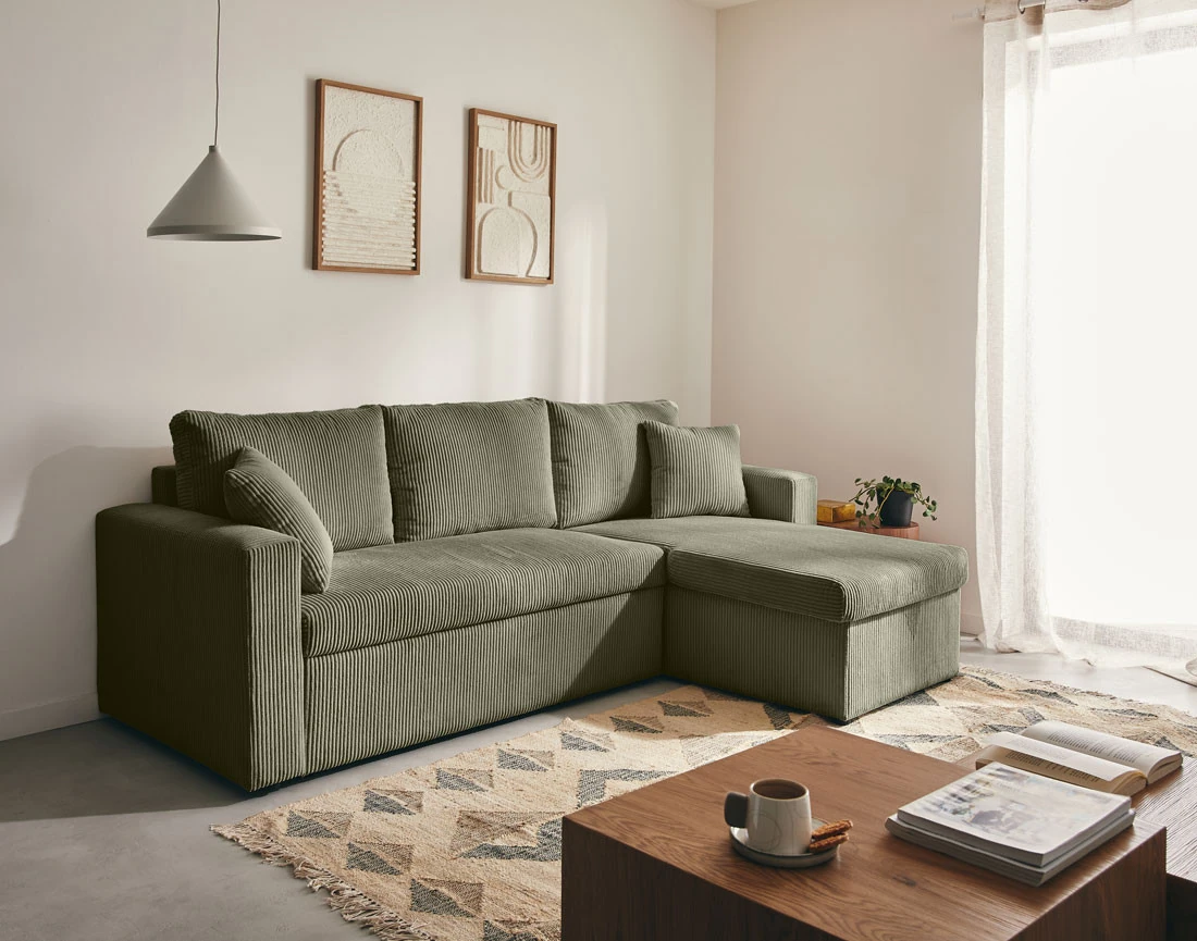Canapé d'angle réversible 4 places convertible avec coffre en velours côtelé Cyrus