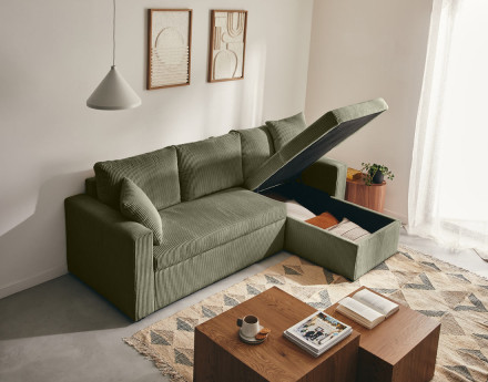 Canapé d'angle réversible 4 places convertible avec coffre en velours côtelé Cyrus