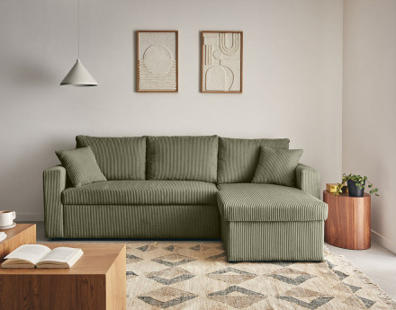 Canapé d'angle réversible 4 places convertible avec coffre en velours côtelé Cyrus