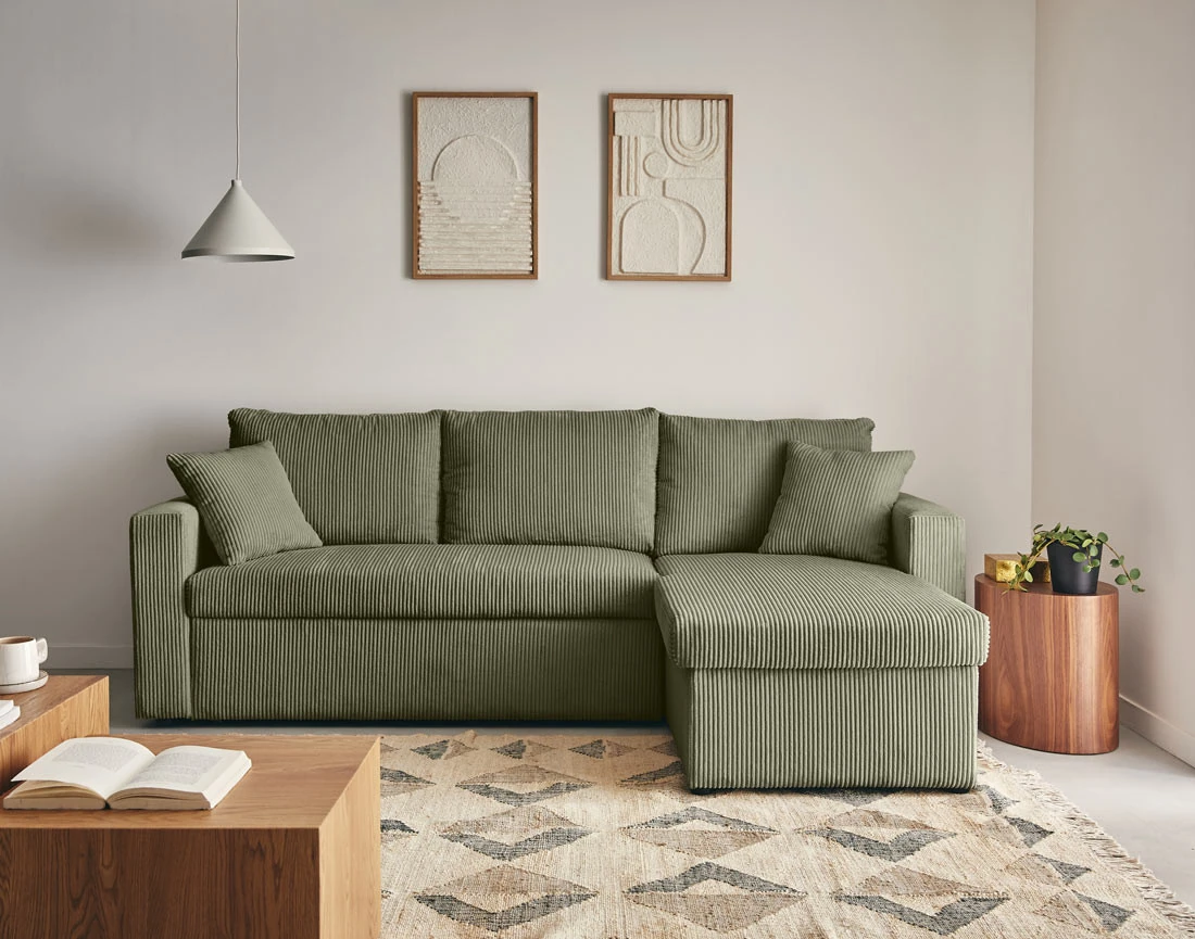 Canapé d'angle réversible 4 places convertible avec coffre en velours côtelé Cyrus