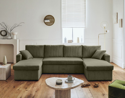 Canapé panoramique en U 7 places convertible avec coffre en velours côtelé Cyrus