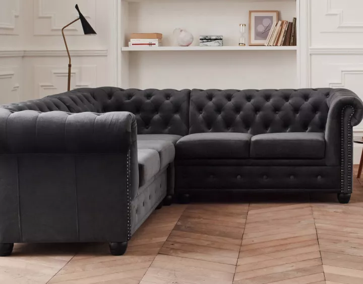 Canapé Chesterfield d'angle réversible 5 places en velours William