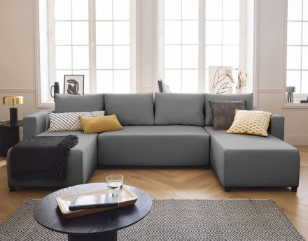 Canapé panoramique 7 places convertible avec coffre en tissu Regala