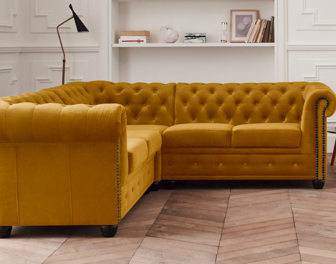 Canapé Chesterfield d'angle réversible 5 places en velours William
