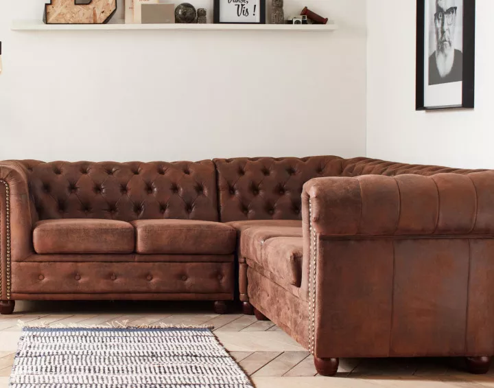 Winston - Canapé d’angle Chesterfield 5 places style industriel