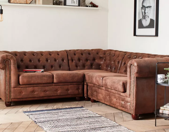 Winston - Canapé d’angle Chesterfield 5 places style industriel