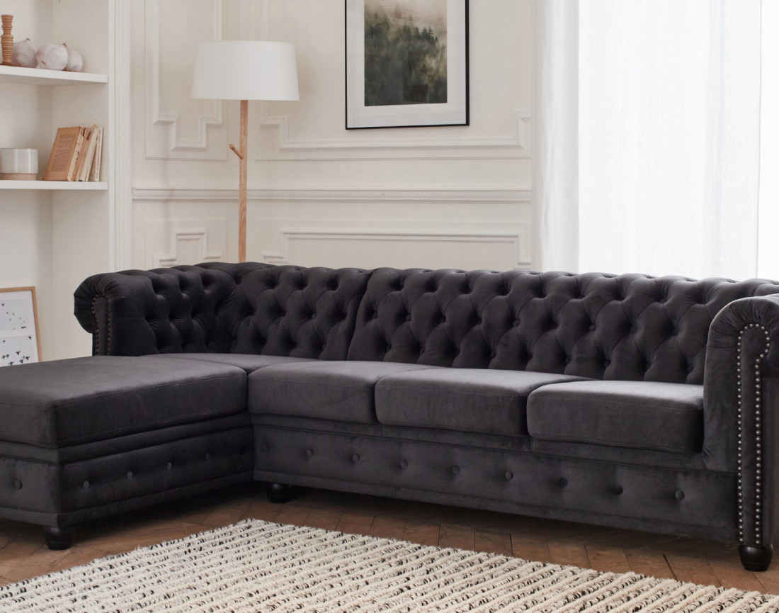 Canapé Chesterfield d'angle gauche 4 places en velours William Canapé Chesterfield d'angle gauche 4 places en velours William