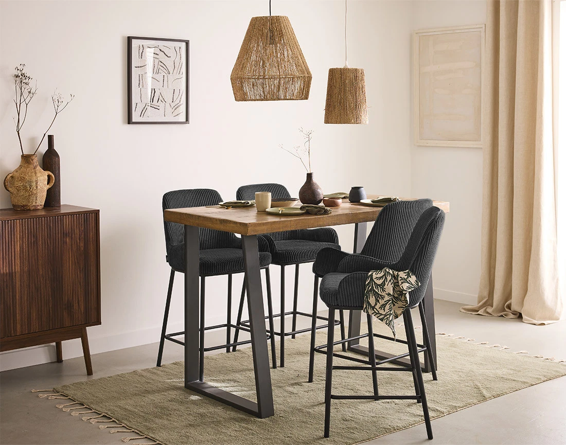 Lot de 2 chaises de bar en velours côtelé gris anthracite 65 cm Salinas