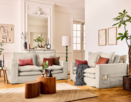 Canapé droit déhoussable 3 places avec poches en tissu Rico