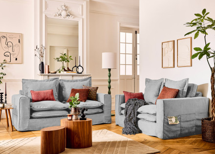 Canapé droit déhoussable 3 places avec poches en tissu Rico
