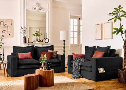Canapé droit déhoussable 3 places avec poches en tissu Rico