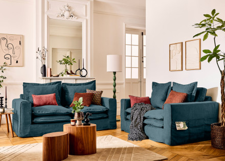 Canapé droit déhoussable 3 places avec poches en tissu Rico