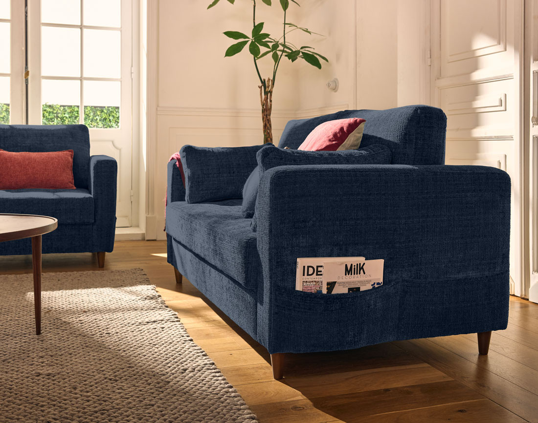 Canapé droit 2 places avec poche en velours texturé Anna