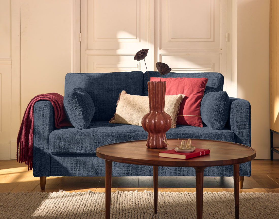 Canapé droit 2 places avec poche en velours texturé Anna