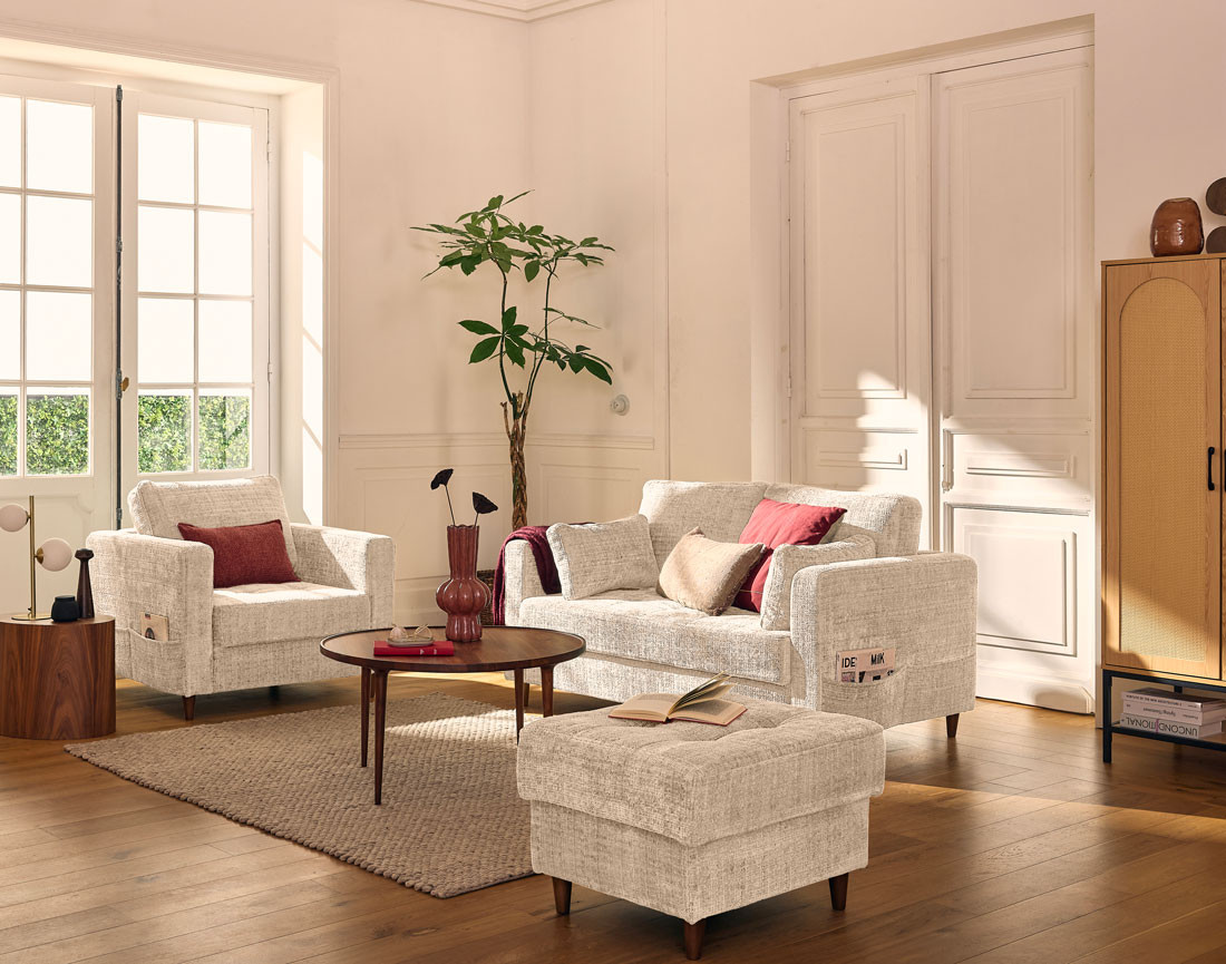 Canapé droit 2 places avec poche en velours texturé Anna Canapé droit 2 places avec poche en velours texturé Anna