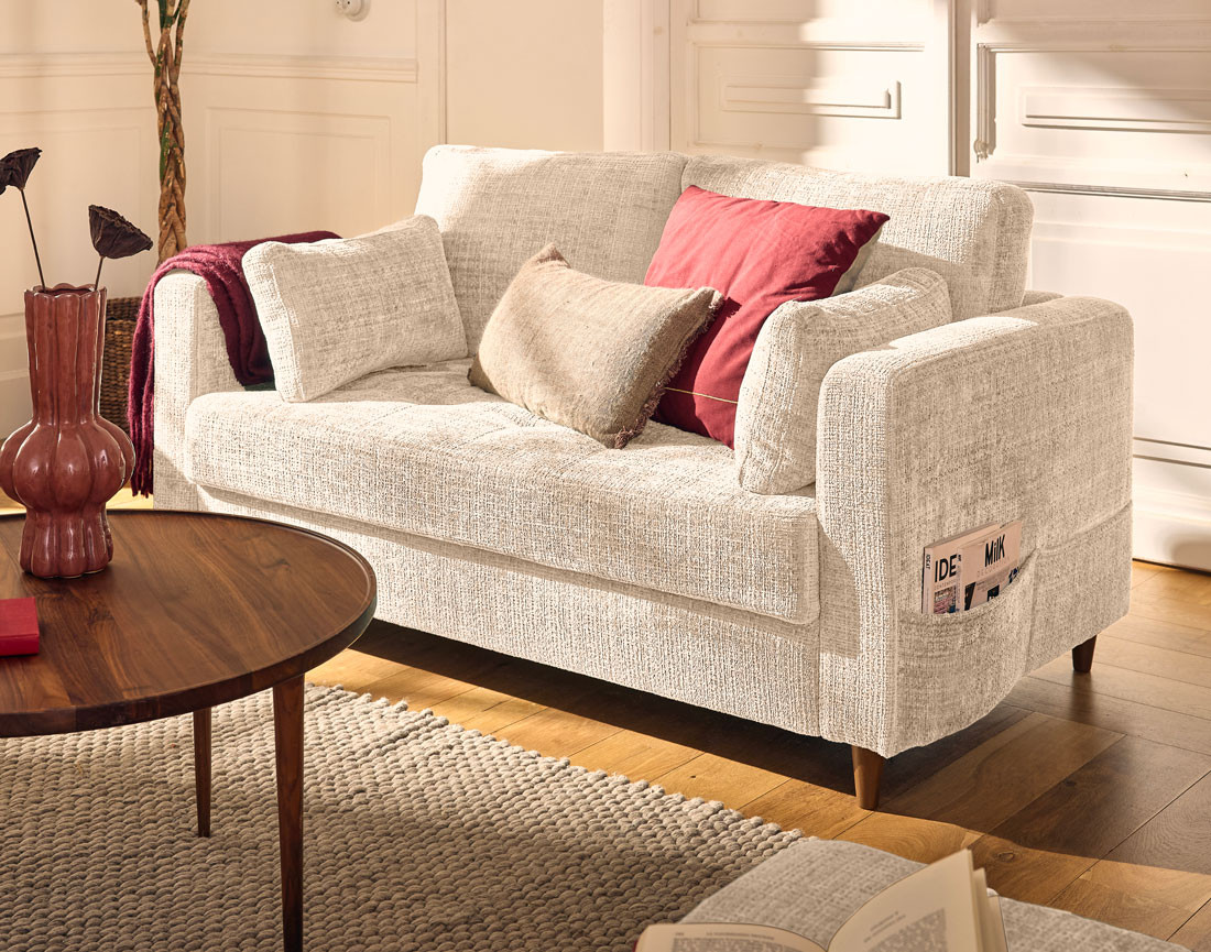 Canapé droit 2 places avec poche en velours texturé Anna Canapé droit 2 places avec poche en velours texturé Anna