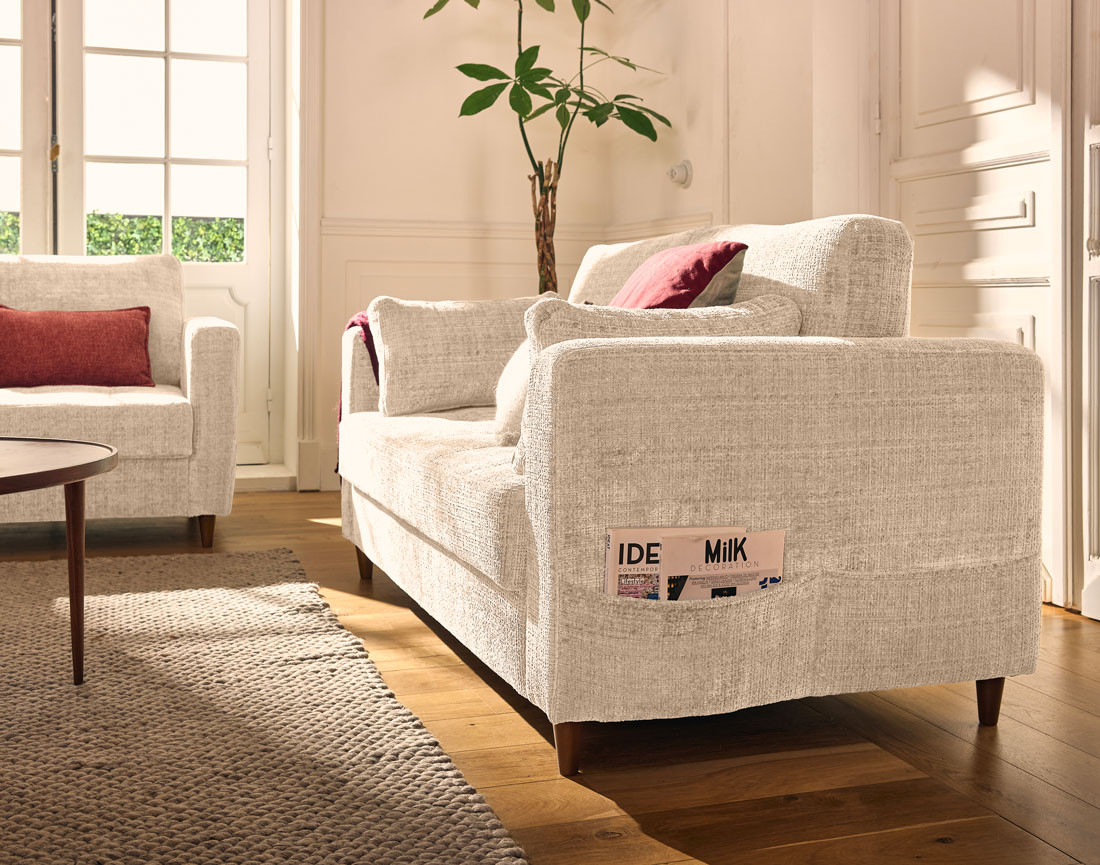 Canapé droit 2 places avec poche en velours texturé Anna Canapé droit 2 places avec poche en velours texturé Anna