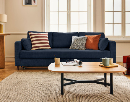 Canapé droit 3 places convertible avec poche en velours texturé Anna