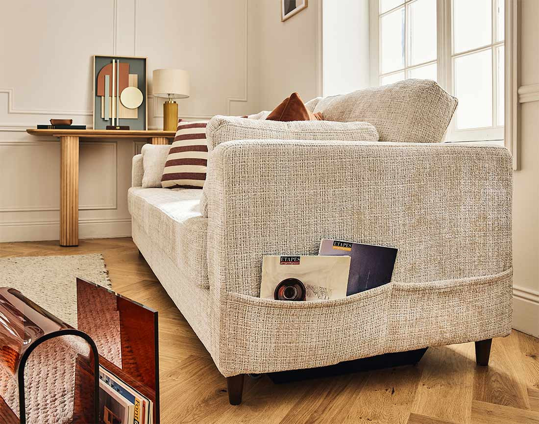 Canapé droit 3 places convertible avec poche en velours texturé Anna Canapé droit 3 places convertible avec poche en velours texturé Anna