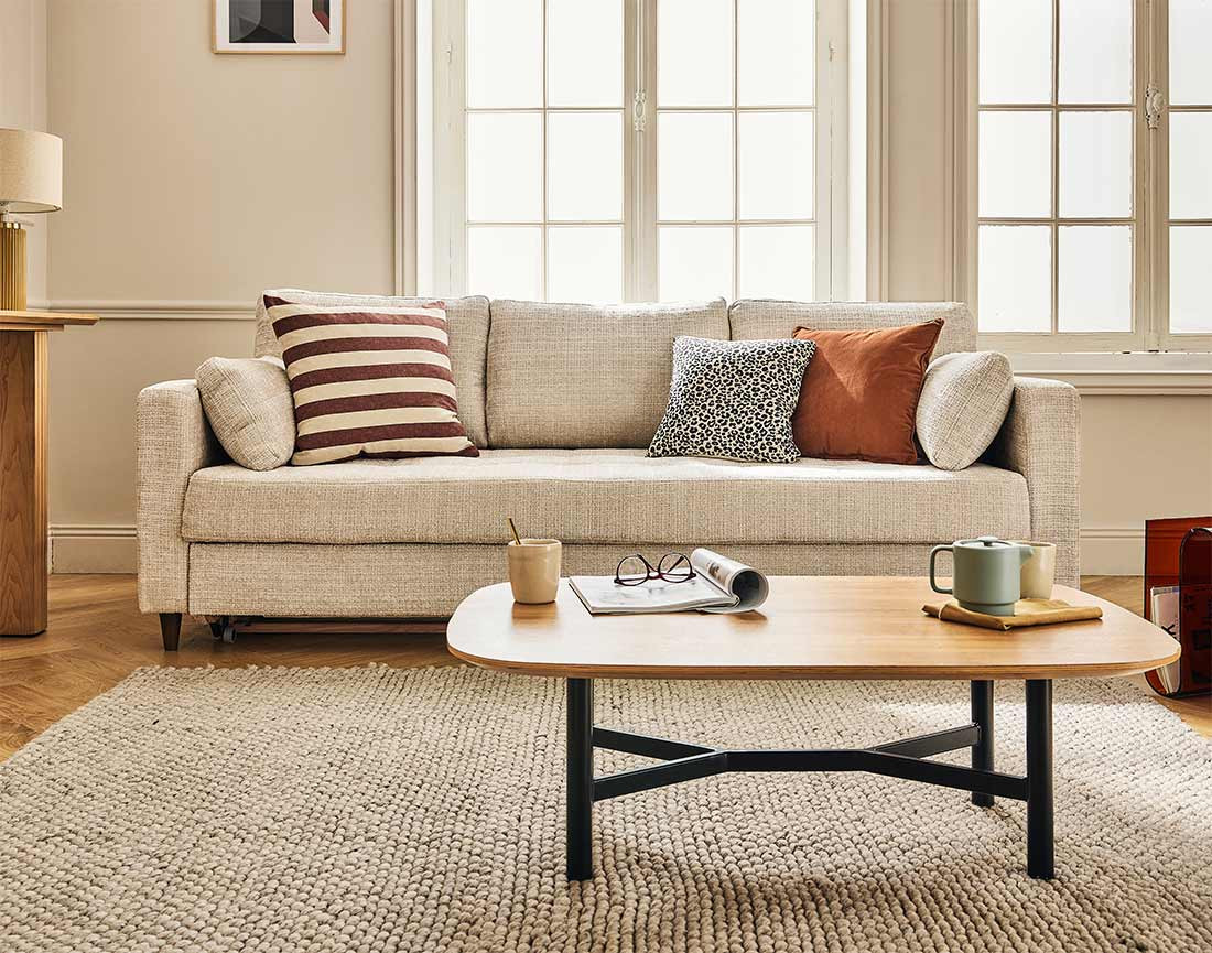 Canapé droit 3 places convertible avec poche en velours texturé Anna Canapé droit 3 places convertible avec poche en velours texturé Anna