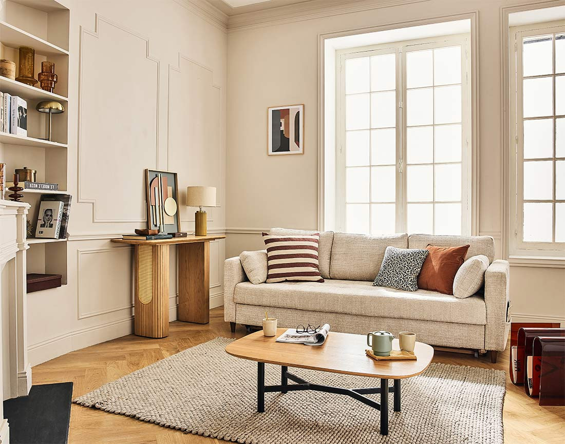 Canapé droit 3 places convertible avec poche en velours texturé Anna Canapé droit 3 places convertible avec poche en velours texturé Anna