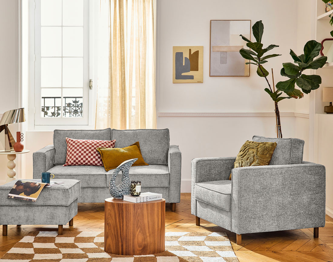 Canapé droit 2 places en tissu velours relief pieds en bois foncé Jake Canapé droit 2 places en tissu velours relief pieds en bois foncé Jake