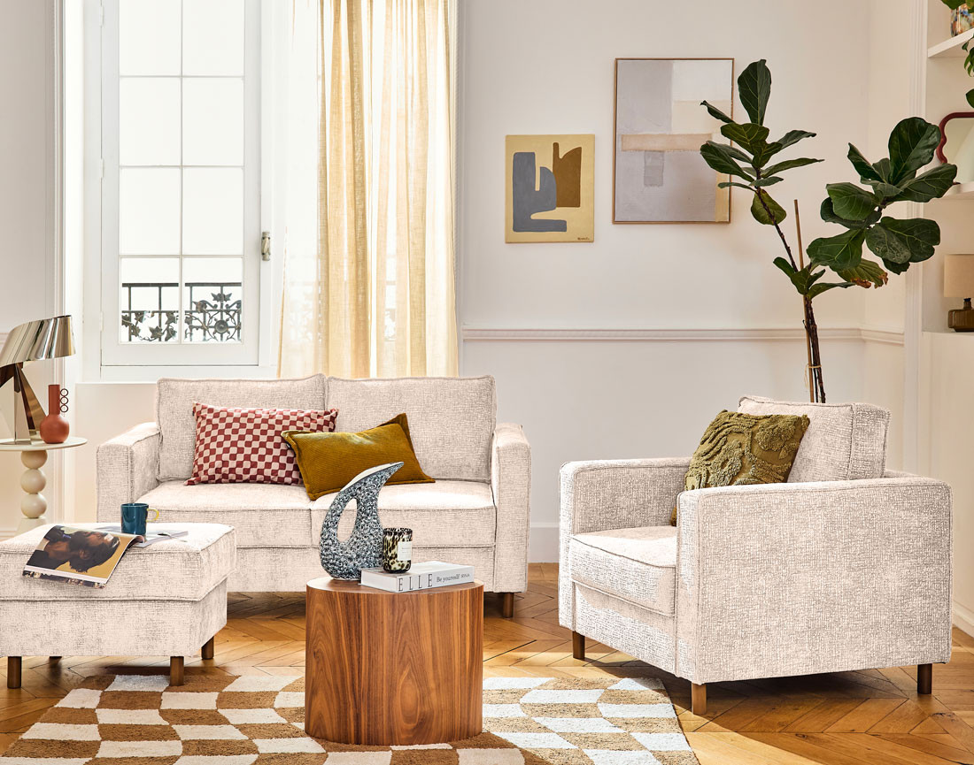 Canapé droit 2 places en tissu velours relief pieds en bois foncé Jake Canapé droit 2 places en tissu velours relief pieds en bois foncé Jake