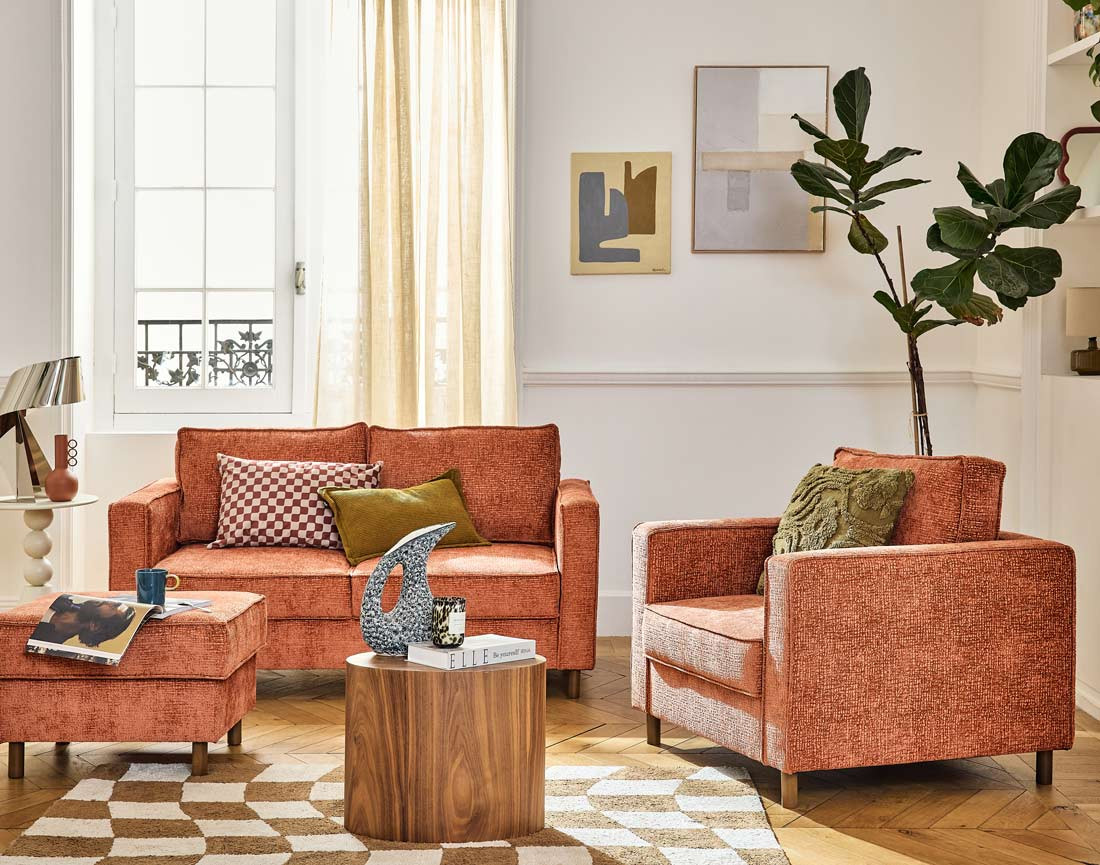 Canapé droit 2 places en tissu velours relief pieds en bois foncé Jake