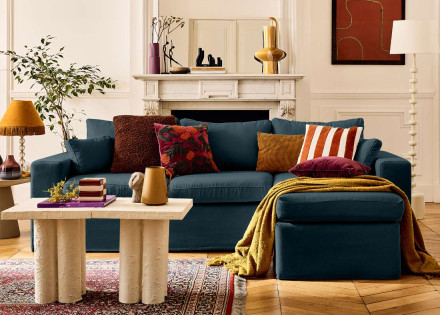 Canapé d'angle déhoussable et modulable 3 places et 1 pouf en tissu Calgary